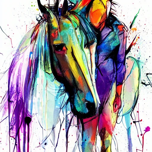 colourful painting of a Tall and thin knight on horseback with a spear by Agnes Cecile and Patrice Murciano, colour splashes, black lines,