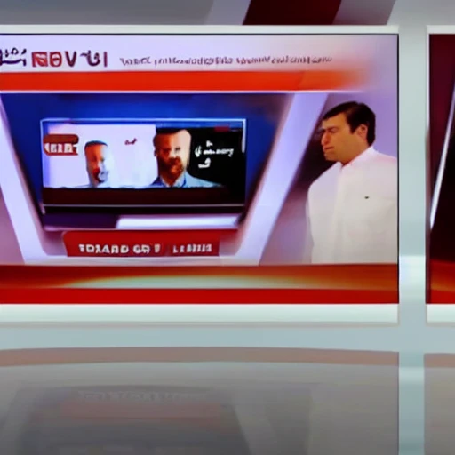 TV screen of news program Reporting from Qatar, logo in the red line on lower third, CGI, Detailed and Intricate