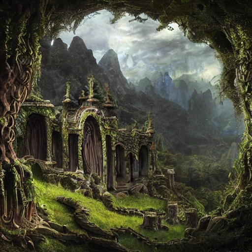 a beautiful and highly detailed matte painting of an elven templ ...