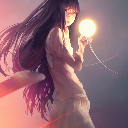 anime girl with wavy white hair holding an electric ball, concept art, digital painting, trending on artstation, highly detailed, epic composition, 4k HD