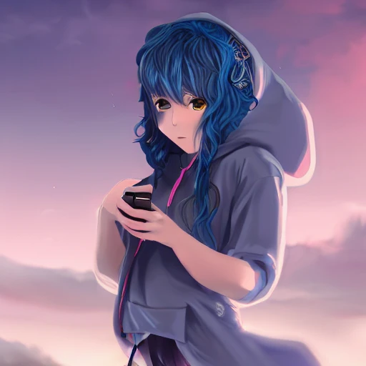 anime girl with wavy blue hair in a hoodie holding mobile phone, WLOP, concept art, digital painting, trending on artstation, highly detailed, epic composition, 8k UHD