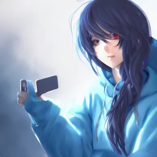 anime girl with wavy blue hair in a hoodie mobile phone selfie, WLOP, concept art, digital painting, trending on artstation, highly detailed, epic composition, 8k UHD