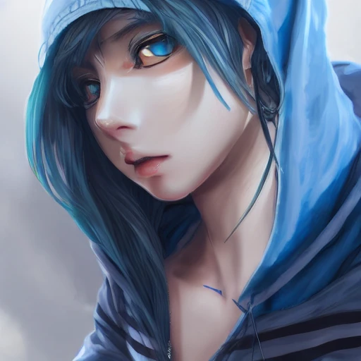anime girl with wavy blue hair in a hoodie mobile phone selfie, WLOP, concept art, digital painting, trending on artstation, highly detailed, epic composition, 8k UHD