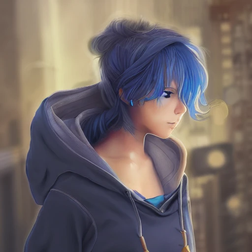 anime girl with wavy blue hair in a hoodie mobile phone selfie, photography, concept art, trending on artstation, highly detailed, epic composition, 8k UHD