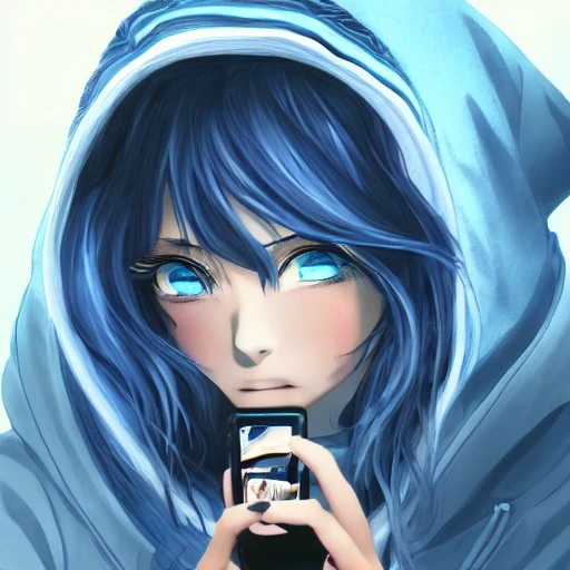 anime girl with wavy blue hair in a hoodie using mobile phone selfie, photography, concept art, trending on artstation, highly detailed, epic composition, 8k UHD
