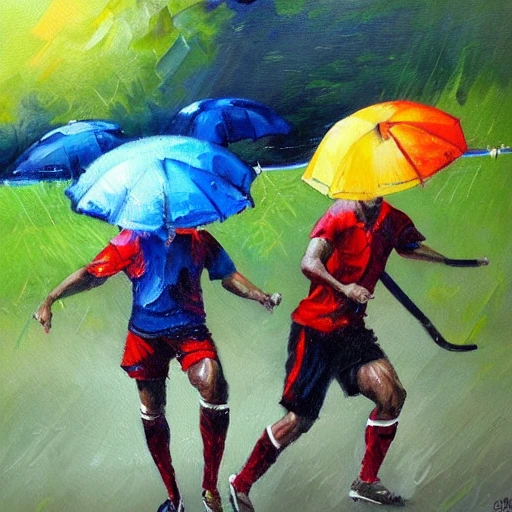 Two men playing soccer with umbrellas under the rain, Oil Painting