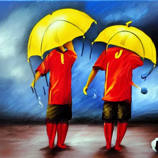Two men playing soccer with umbrellas under the rain, Oil Painting, Cartoon