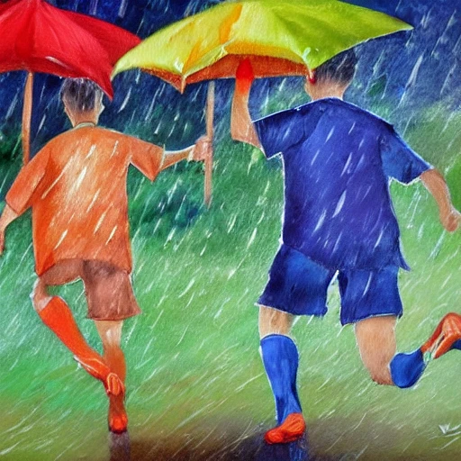 Two men playing soccer with umbrellas under the rain, Oil Painting, Cartoon, Water Color