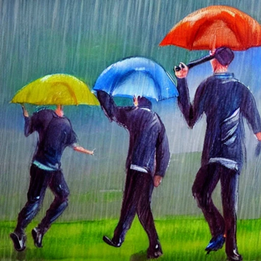 Two men playing soccer with umbrellas under the rain, Oil Painting, Cartoon, Water Color, Pencil Sketch