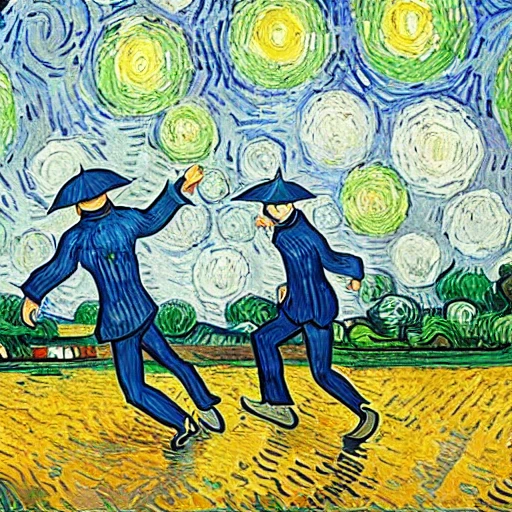 Two men playing soccer with umbrellas under the rain, VAN GOGH STYLE