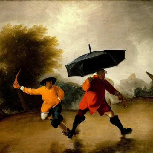Two men playing soccer with umbrellas under the rain, REMBRANT PAINT