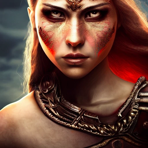 an ultrawide shot of a warrior queen, perfect face details, ultra-high resolution, cinematic lighting, volumetric lighting, shadow depth, digital art, dynamic composition, rule of thirds, 8 k resolution, 35mm sharp