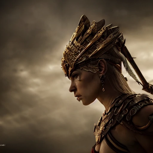 an ultrawide shot of a warrior queen, perfect face details, perfect body details, ultra-high resolution, cinematic lighting, volumetric lighting, shadow depth, digital art, dynamic composition, rule of thirds, 8 k resolution, 35mm sharp