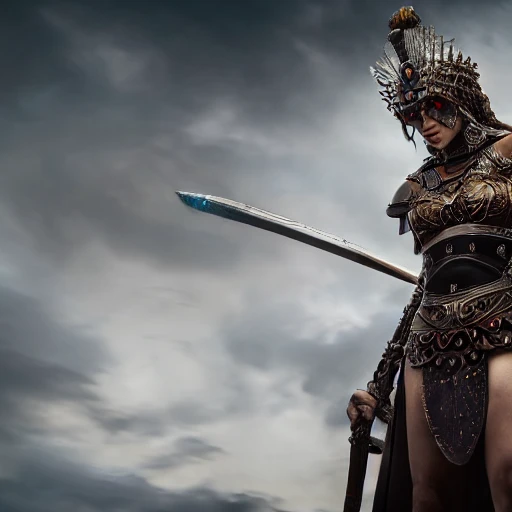 an ultrawide shot of a warrior queen, perfect face details, perfect body details, ultra-high resolution, cinematic lighting, volumetric lighting, shadow depth, digital art, dynamic composition, rule of thirds, 8 k resolution, 35mm sharp