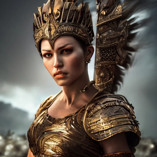 an ultrawide shot of a warrior queen, perfect face details, perfect body details, ultra-high resolution, cinematic lighting, volumetric lighting, shadow depth, digital art, dynamic composition, rule of thirds, 8 k resolution, 35mm sharp, seed 1034274750