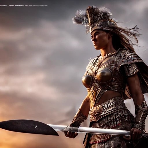 an ultrawide shot of a warrior queen, perfect Determined face details, perfect body details, command her army, ultra-high resolution, cinematic lighting, volumetric lighting, shadow depth, digital art, dynamic composition, rule of thirds, 8 k resolution, 35mm sharp, seed 