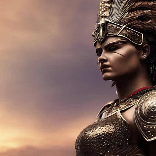 an ultrawide shot of a warrior queen, perfect Determined face details, perfect body details, command her army, ultra-high resolution, cinematic lighting, volumetric lighting, shadow depth, digital art, dynamic composition, rule of thirds, 8 k resolution, tilt shift effect, bokeh, Nikon