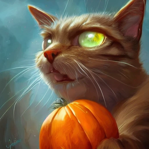 Cute and adorable Thanksgiving cat portrait, big puppy eyes, cartoon cat character, magic, highly detailed, digital painting, well rendered matte fantasy painting, deviantart artstation, by jason felix by steve argyle by tyler jacobson by peter mohrbacher, cinematic lighting