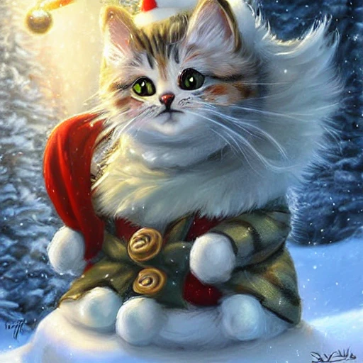 Cute and adorable Christmas cat portrait, cartoon cat character, snow, highly detailed, digital painting, well rendered matte photorealistic painting, Deviantart artstation, by Jason Felix by steve argyle by Tyler Jacobson by peter Mohrbacher, cinematic lighting, Cartoon