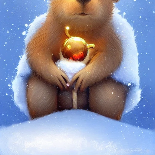 Cute and adorable Christmas Capybara portrait, cartoon cat character, snow, highly detailed, digital painting, well rendered matte photorealistic painting, Deviantart artstation, by Jason Felix by steve argyle by Tyler Jacobson by peter Mohrbacher, cinematic lighting, Cartoon