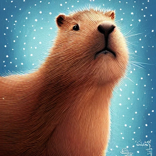 Cute and adorable Christmas Capybara portrait, cartoon cat character, snow, highly detailed, digital painting, well rendered matte photorealistic painting, Deviantart artstation, by Jason Felix by steve argyle by Tyler Jacobson by peter Mohrbacher, cinematic lighting, Cartoon