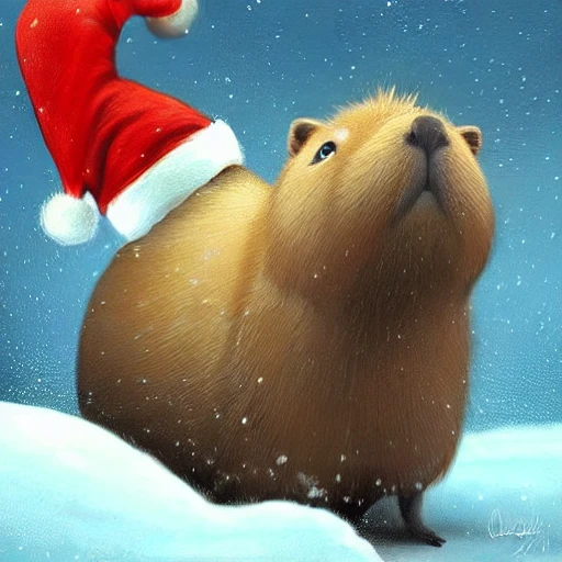 Cute and adorable Christmas Capybara portrait, cartoon cat character, snow, highly detailed, digital painting, well rendered matte photorealistic painting, Deviantart artstation, by Jason Felix by steve argyle by Tyler Jacobson by peter Mohrbacher, cinematic lighting, Cartoon, Pencil Sketch