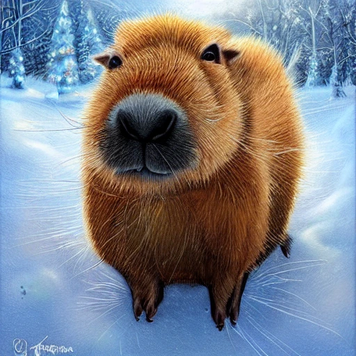 Cute and adorable Christmas Capybara portrait, cartoon cat character, snow, highly detailed, digital painting, well rendered matte photorealistic painting, Deviantart, arthub.io, by Jason Felix by steve argyle by Tyler Jacobson by peter Mohrbacher, cinematic lighting, Pencil Sketch