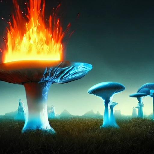 Alien People, Landscape with giant smoking translucent mushrooms, blue flames, very high definition, very high detailed, realistic, photo, 8k, Cinematic, Beautiful Lighting, Electric Colors, Synthwave, Dynamic Lighting, Lens Flare