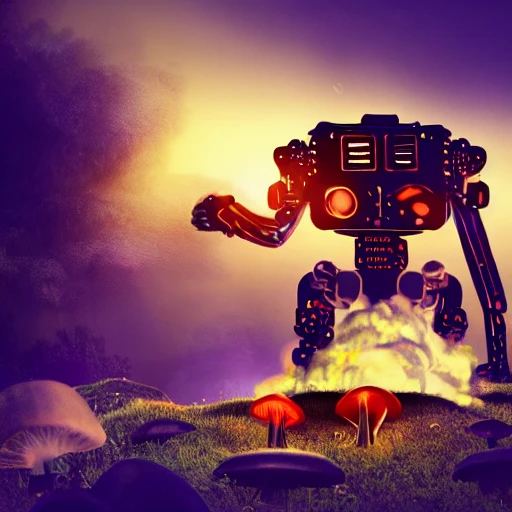 Giant vintage Robot, Landscape with giant smoking translucent mushrooms, blue flames, very high definition, very high detailed, realistic, photo, 8k, Cinematic, Beautiful Lighting, Electric Colors, Synthwave, Dynamic Lighting, Lens Flare, 3D