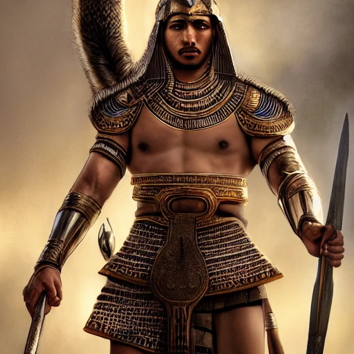 a full vertical portrait of egyptian male warrior with a bastet helm, armor and sandals, branding a long spear, cinematic light, high dynamic range, insane intricate details, stunning cinema effects, aesthetic, character portrait, artwork in the style of Mandy Jurgens, Jon Foster, luis royo, 100mm lens