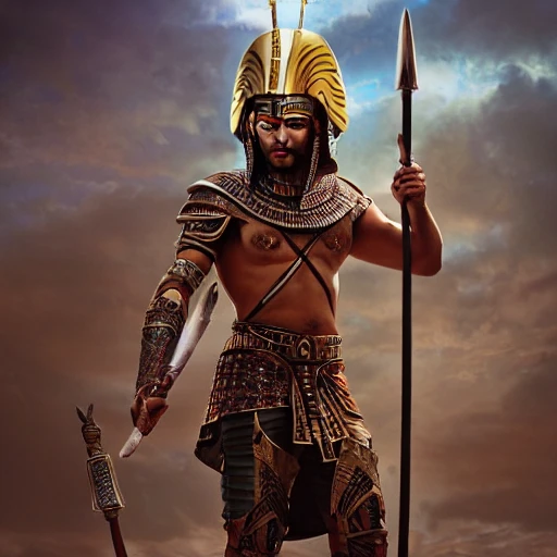 a full vertical portrait of egyptian male warrior with a bastet helm, armor and sandals, branding a long spear, cinematic light, high dynamic range, insane intricate details, stunning cinema effects, aesthetic, character portrait, artwork in the style of Mandy Jurgens, Jon Foster, luis royo, 100mm lens