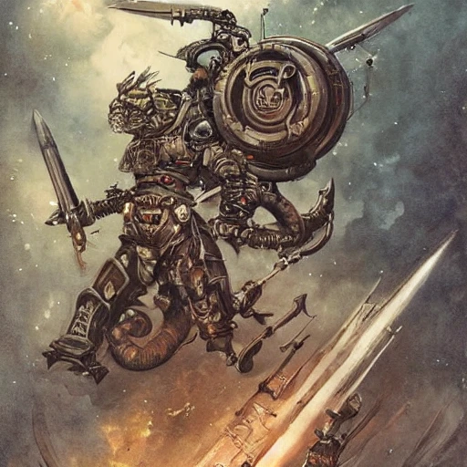 design only warhammer 40.000 retro future art gothic designs borders lines decorations space machine. big cat with sword. muted colors. by jean - baptiste monge, no text, no logo