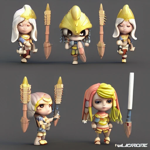 Cute warrior queen toy and four female soldier toys, standing character, soft smooth lighting, soft pastel colors, skottie young, 3d blender render, polycount, modular constructivism, physically based rendering, square image