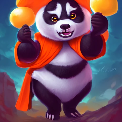 furaffinity furry art of an anthropomorphic Panda character holding staff and wearing a orange robes, artgerm, digital painting, detailed, cute, big eyes