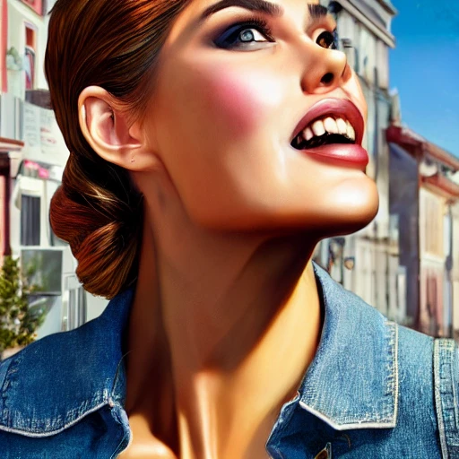 Photo of a beautiful tall woman, beautiful face smiling, walking on a street, hyperrealist, highly detailed, volumetric lighting, shadow depth, digital art, dynamic composition, rule of thirds, 8 k resolution, art by artgerm, Trending On Artstation, unreal render, Oil Painting, Canon EOS R3