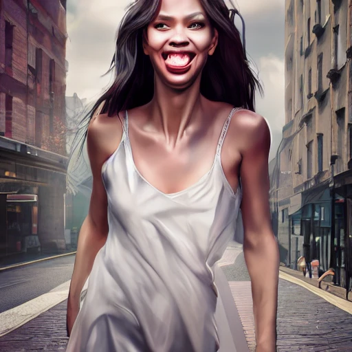 Photo of a beautiful tall woman, beautiful face with a great smile joyful, walking on a street, hyperrealist, highly detailed, volumetric lighting, shadow depth, digital art, dynamic composition, rule of thirds, 8 k resolution, art by artgerm, Trending On Artstation, unreal render, Oil Painting, Canon EOS R3