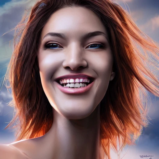 Photo of a beautiful tall woman, beautiful face with a great smile joyful, walking on a street, hyperrealist, highly detailed, volumetric lighting, shadow depth, digital art, dynamic composition, rule of thirds, 8 k resolution, art by artgerm, Trending On Artstation, unreal render, Oil Painting, Canon EOS R3