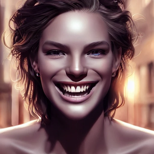 Photo of a beautiful tall woman, beautiful face with a great smile joyful, walking on a street, hyperrealist, highly detailed, volumetric lighting, shadow depth, digital art, dynamic composition, rule of thirds, 8 k resolution, art by artgerm, Trending On Artstation, unreal render, Oil Painting, Canon EOS R3