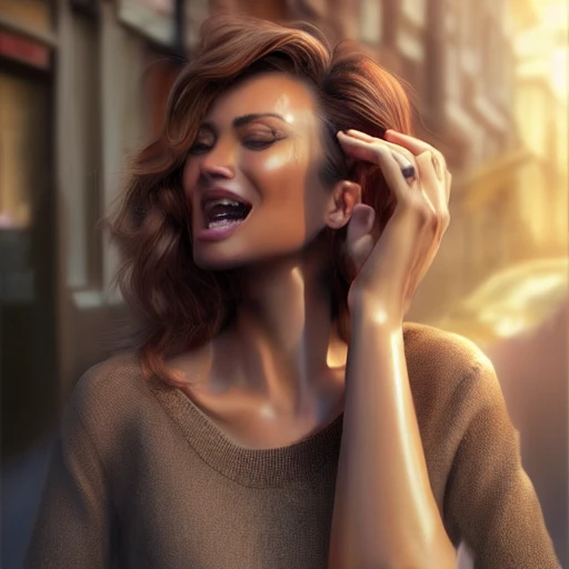 Photo of a beautiful tall woman, beautiful face with A great laugh and a lot of joy, walking on a street, hyperrealist, highly detailed, volumetric lighting, shadow depth, digital art, dynamic composition, rule of thirds, 8 k resolution, art by artgerm, Trending On Artstation, unreal render, Oil Painting, Canon EOS R3