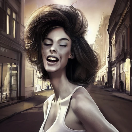 Photo of a beautiful tall woman, beautiful face with A great laugh and a lot of joy, walking on a street, hyperrealist, highly detailed, volumetric lighting, shadow depth, digital art, dynamic composition, rule of thirds, 8 k resolution, art by artgerm, Trending On Artstation, unreal render, Oil Painting, Canon EOS R3