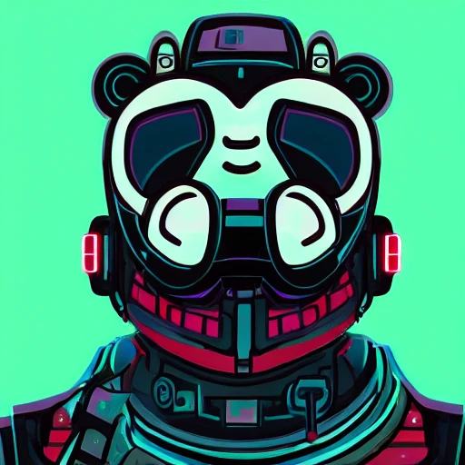 cybernetic panda mask with metal implants as humanoid character in the night city, digital illustration, portrait design, retrowave color scheme, detailed, cinematic lighting, wide angle action dynamic portrait