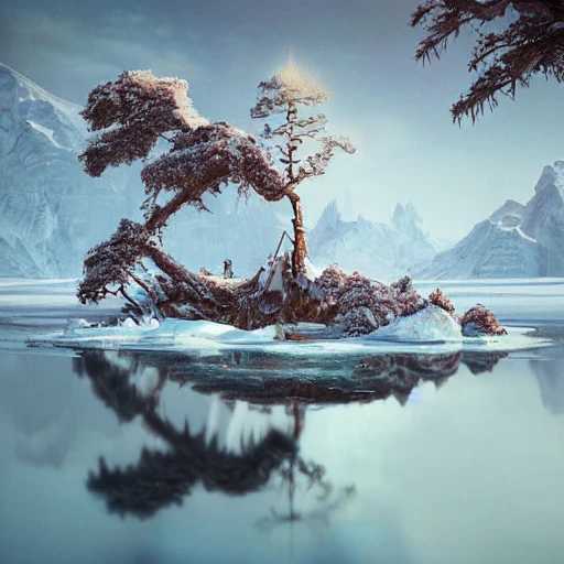 Winter landscape with rocky mountains, frozen lake with reflections, bonsai tree, an intricate and hyperdetailed painting by Ismail Inceoglu, Huang Guangjian and Dan Witz CGSociety, ZBrush Central, fantasy art, album cover art, 