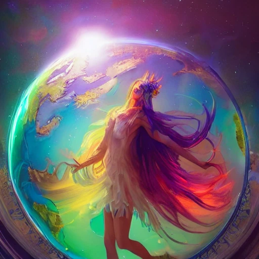 Artgerm, WLOP, Greg Rutkowski; Full body portrait of A beautiful astral goddess of colors, covered in holy shining intricately designed fibrous living liquid light, surrounded by rainbow fog, floating in front of the earth globe, A beautiful digital artwork, a masterpiece, complementary colors, 8k resolution, hyperdetailed, volumetric lighting, 