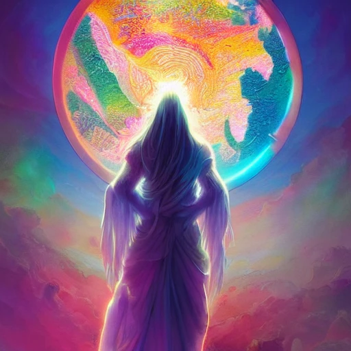 Artgerm, WLOP, Greg Rutkowski; Full body portrait of A beautiful astral goddess of colors, covered in holy shining intricately designed fibrous living liquid light, surrounded by rainbow fog, floating in front of the earth globe, A beautiful digital artwork, a masterpiece, complementary colors, 8k resolution, hyperdetailed, volumetric lighting, 