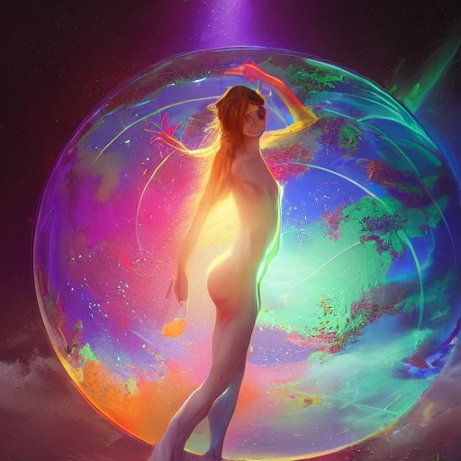 Artgerm, WLOP, Greg Rutkowski; Full body portrait of A beautiful astral goddess of colors, covered in holy shining intricately designed fibrous living liquid light, surrounded by rainbow fog, floating in front of the earth globe, A beautiful digital artwork, a masterpiece, complementary colors, 8k resolution, hyperdetailed, volumetric lighting, 