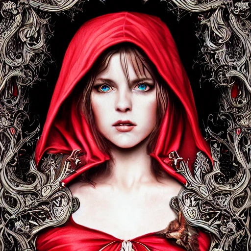 Red Riding Hood, Fairy Tale, gothic dress, insanely detailed and intricate dress, beautiful face, fantasy, William Holman Hunt, Artgerm, Jim Burns, Intricate, Elegant, Digital Illustration, Scenic, Hyper-Realistic, Hyper-Detailed, 16k, smooth, sharp focus, Artstation