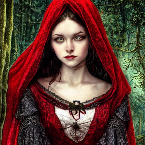 Red Riding Hood, Fairy Tale, gothic dress, insanely detailed and intricate dress, beautiful face, fantasy, William Holman Hunt, Artgerm, Jim Burns, Intricate, Elegant, Digital Illustration, Scenic, Hyper-Realistic, Hyper-Detailed, 16k, smooth, sharp focus, Artstation