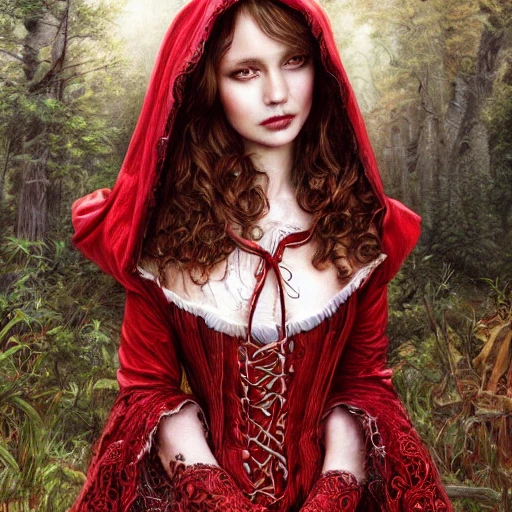 Red Riding Hood, Fairy Tale, gothic dress, insanely detailed and intricate dress, beautiful face, fantasy, William Holman Hunt, Artgerm, Jim Burns, Intricate, Elegant, Digital Illustration, Scenic, Hyper-Realistic, Hyper-Detailed, 16k, smooth, sharp focus, Artstation