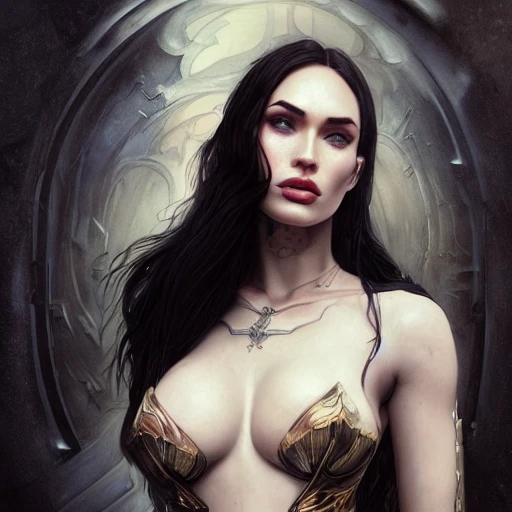 Portrait of beautiful pale gothic maiden megan fox, warhammer 40000, cyberpunk, intricate, elegant, highly detailed, digital painting, artstation, concept art, smooth, sharp focus, illustration, art by artgerm and greg rutkowski and alphonse mucha and Gustav Klimt and Ilya Kuvshinov