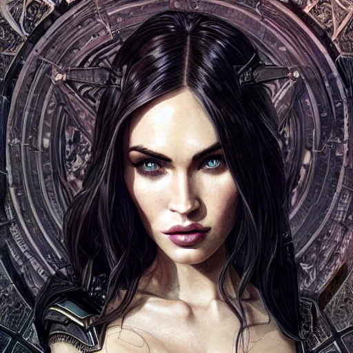 Portrait of beautiful pale gothic maiden megan fox, warhammer 40000, cyberpunk, intricate, elegant, highly detailed, digital painting, artstation, concept art, smooth, sharp focus, illustration, art by artgerm and greg rutkowski and alphonse mucha and Gustav Klimt and Ilya Kuvshinov